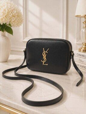 Authentic YSL Saint Laurent Lou Camera Bag Black Leather Gold Logo Crossbody